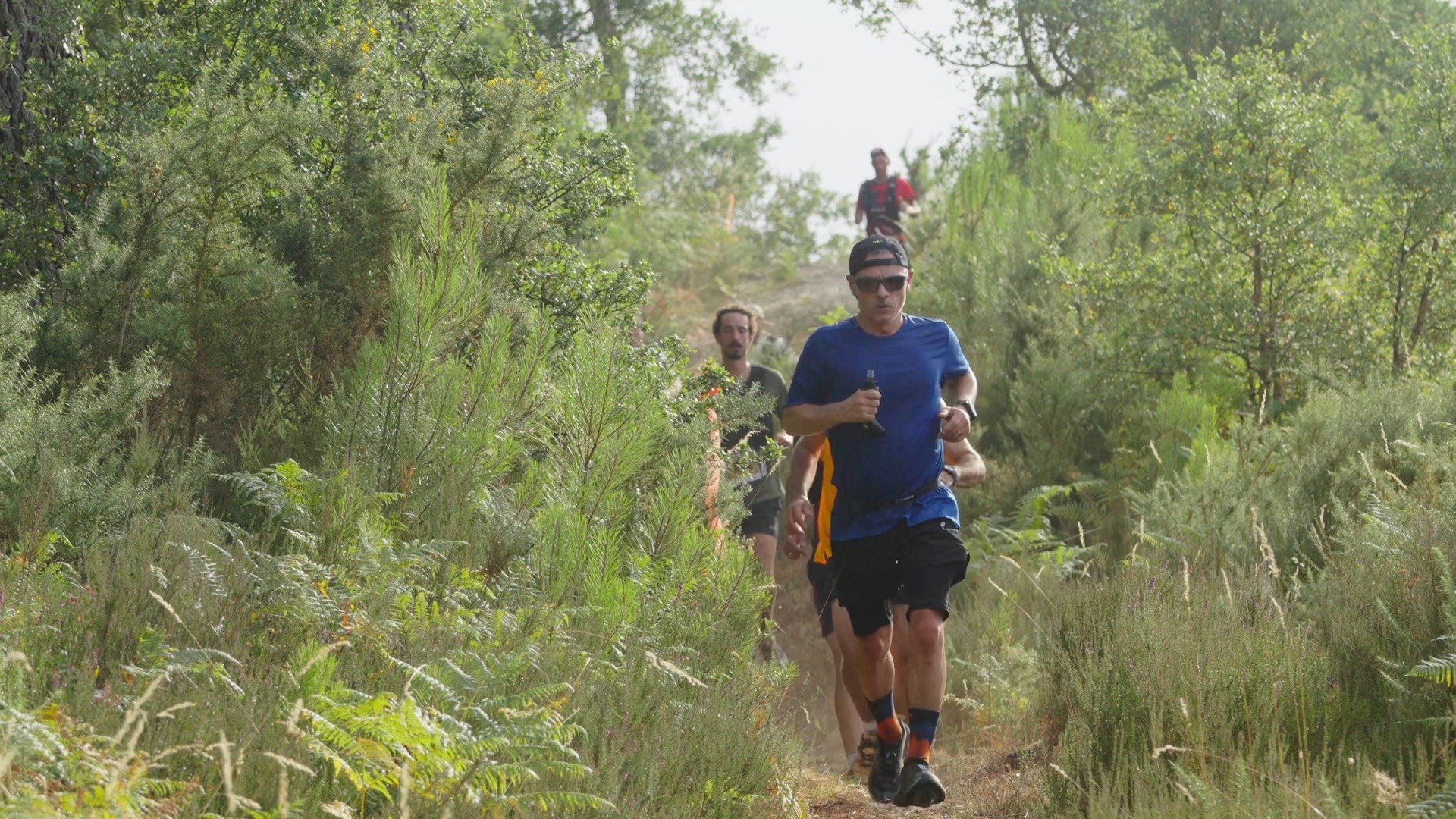 Coureurs en pleine course sur le sentier en sous-bois