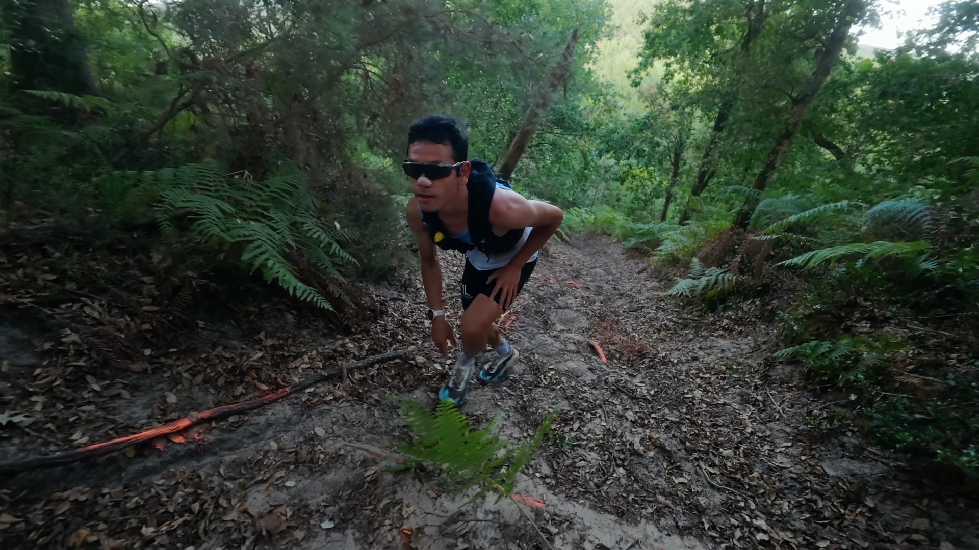 Coureur en effort dans une montée technique en sous-bois