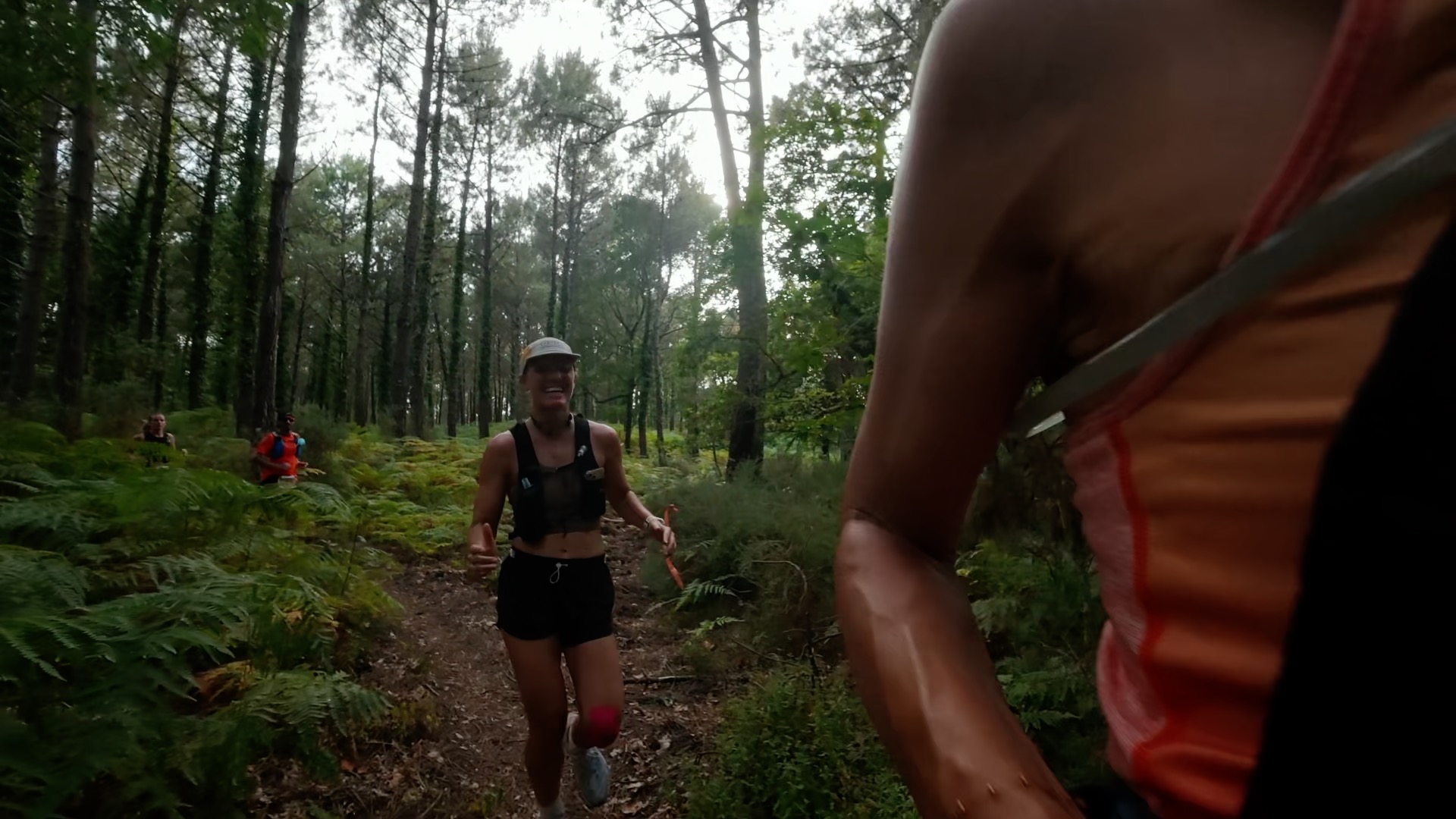 Coureuses complices dans la forêt de pins et fougères