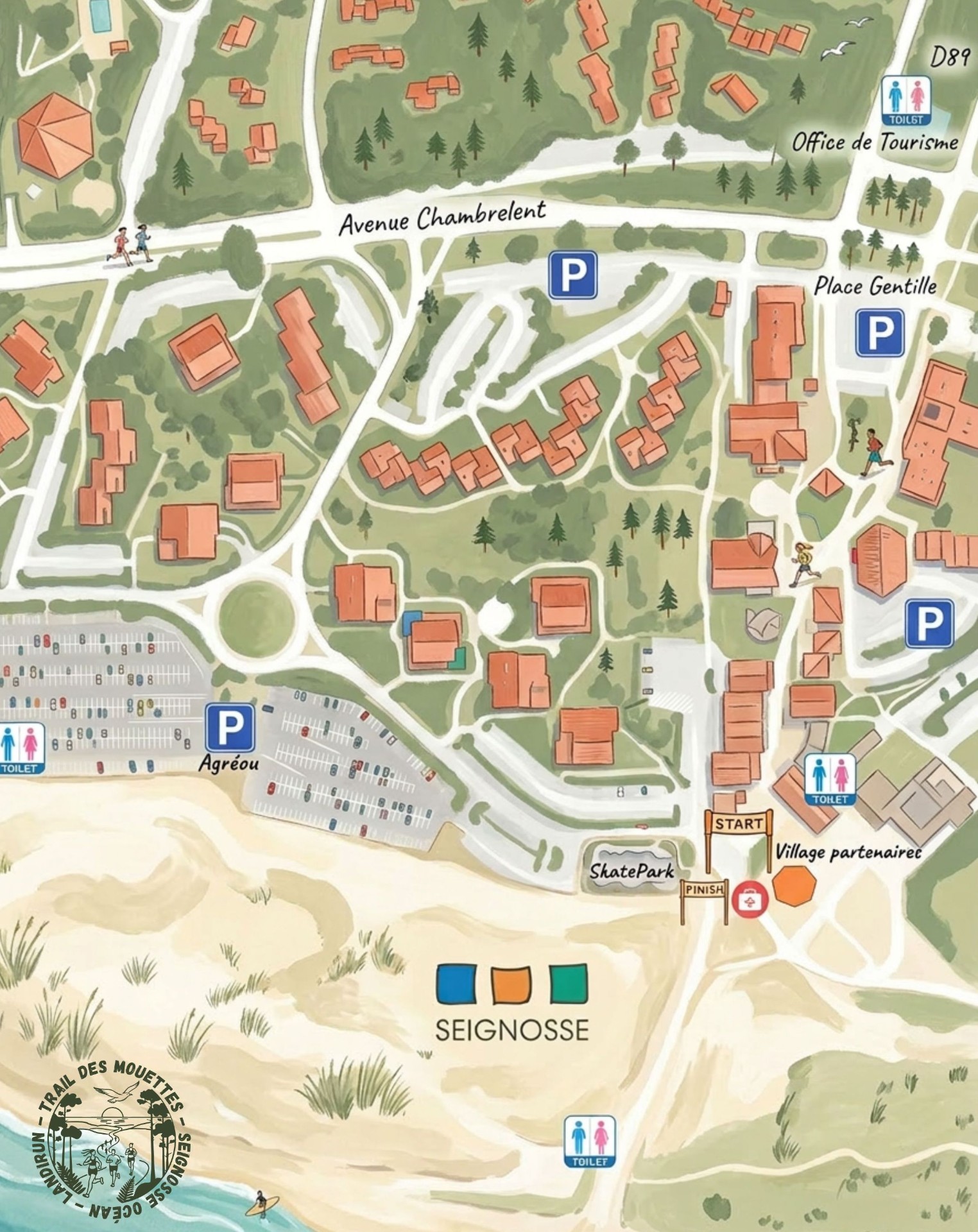 Plan du village Trail des Mouettes — départ, arrivée, village partenaires, parkings et toilettes à Seignosse Le Penon